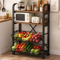 소프트엣지 이동식 렌지대 주방 수납장, 월넛+블랙 프레임, 4단