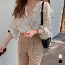 여성 라운드넥 밴딩 블라우스 풍기 블랙 루즈핏 남방 여성셔츠 상의 솔리드 유행 캐주얼 전지