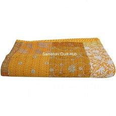 Quiting 핸드메이드 빈티지 캄바디야 프린트 핸드자리 패치워크 트윈 사이즈 자수 칸타 퀼트 홈 장식 침대 스프레드 인디언 담요 커버 (노란색), 노란 색