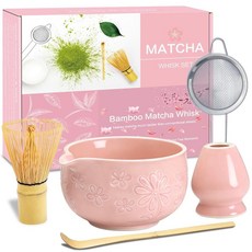 Matcha Whisk Set Pink Ceramic Making Kit with Traditional Bamboo Bowl Scoop Sifter and Stand Authe