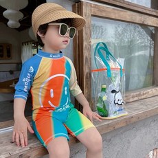 韓國男童泳衣2024新款兒童寶寶連體速乾游泳衣可愛笑臉泳裝