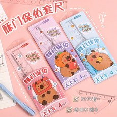 卡皮巴拉豚門保佑學生套尺 四件組 透明柔韌 考試專用文具組, 1個, 豚門保佑（顏色隨機）, 三色隨機