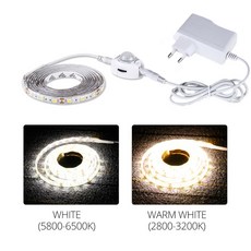 PIR 모션 센서 LED 스트립 조명 IP65 방수 DC 12V 계단 옷장 주방 스마트 온/오프 램프 1m 5m, EU Plug set, WHITE, 3m