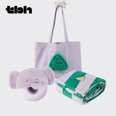 [tbh] PANDA POMPOM 여행용 목베개 기내용 휴식 담요 에코백 3종 세트, 연한 퍼플
