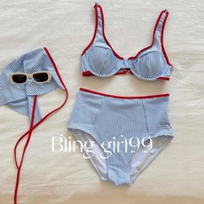【時髦精】泰國泳衣女復古高腰比基尼條紋顯白鋼托小胸泡溫泉裝, 藍色,l