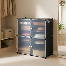 JS리빙 드레스룸 옷장 정리 선반 4단 블랙 자취방 조립식 옷 의류 수납장 거실 다용도 수납 정리함 보조 리빙박스 문달린 수납 정리대 심플 @DECKBEA_JERK/0564A242