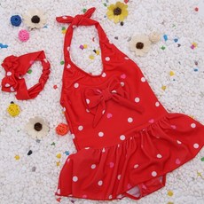 女童圓點連身裙式泳裝 附髮帶D10G 奧莉同款 蝴蝶結綁帶設計 夏季新款