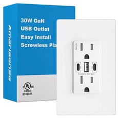 Amerisense 30W PD3.0 USB 벽면 콘센트 20Amp 변조 방지 타입 C 포트 2개 및 A 1개 아이폰/아이패드/삼성/LG/맥북 에어용 충전기 UL 등록 (, 1, 15 Amp