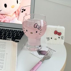 이이공브이샵 페이스 키티 유리컵 400ml 글라스 맥주컵 아이스커피잔, 1개, 핑크리본
