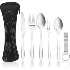 포센욱 6개 세트 식기 스테인리스 스틸 숟가락 칼 포크 포함 병따개 가방 광택 처리된 캠핑용 휴대용 여행 캠핑 피크닉 야외용