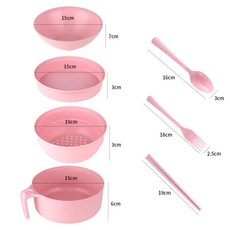 桃園發運 小麥秸稈餐具 泡麵碗帶蓋餐具 大號碗筷學生上班族便攜飯盒套裝, 北歐粉六件套+濾湯+菜格, 1個