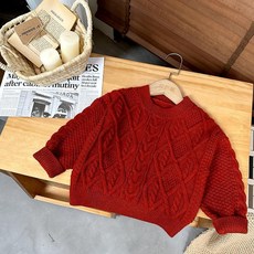 女童紅色麻花針織毛衣