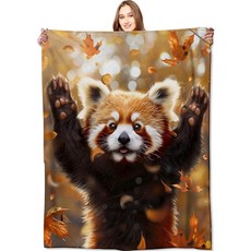 VODRM 레드 팬더 담요 귀여운 가을 나뭇잎 담요 어린이 성인 및 야생 동물 팬을 위한 생일 선물 애호가를 가볍고 부드러운 플리스 소파 카우치 침대 방 장식용 152.4