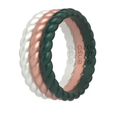 Enso Rings Stackable Braided Silicone Wedding Ring – Hypoallergenic Unisex Stackable Wedding Band, 메탈릭 펄/로즈 골드/그린, 7