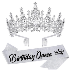 우이지아 생일파티 왕관+스트랩세트 티아라 공주 생일퀸 어깨띠, 1개, 실버