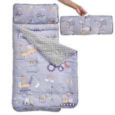 JHCHMX Toddler Nap Mat with Removable Pillow and Minky Blanket Extra Large Rolled Slumber Bag for, 그레이 굴삭기