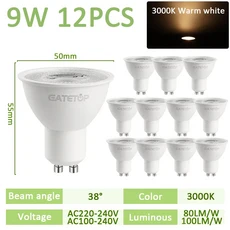 12개 GU10 LED 전구 흰색 9W 따뜻한 3000K 4000K 110V 220V, 38degree 3000K, AC100 240V