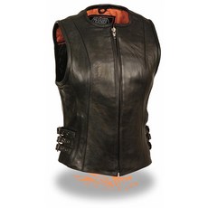 Milwaukee Leather 밀워키 레더 공구여성용 지퍼 프론트 트리플 버클 가죽 조끼, Medium