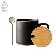 빈티지 도자기 머그 클래식블랙 홈 카페 라떼잔, E. 클래식 블랙 뚜껑 스푼 세트