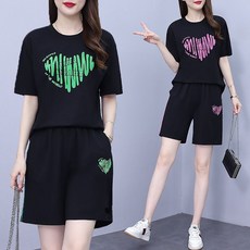 로르카 여성 레터링 프린트 루즈핏 반팔 밴딩 반바지 캐주얼 데일리 투피스 세트 U02031617