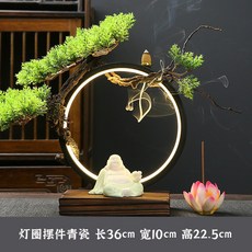 新中式禪意擺件倒流香爐辦公室桌面家居客廳裝飾品彌勒佛大肚笑佛, 燈圈擺件青瓷彌勒佛側躺, 1個