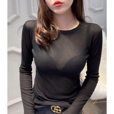 SISI 網紗薄款透膚貼身長袖圓領素面上衣T恤 透視防曬性感內搭