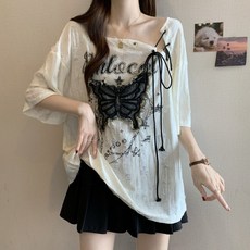 유니픽 여성 루즈핏 개성 있는 나비 프린트 티셔츠 트렌디 캐주얼 스타일ZHB