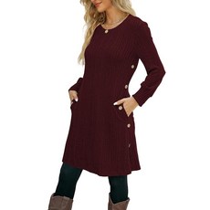 [ 675516 ] 키키벨 여성용 니트 드레스 긴소매 캐주얼 크루넥 튜닉 포켓 버튼 사이드 가을 겨울 트렌디 의상 와인 레드 XXL