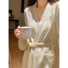 簡約小清新圓點印花睡袍睡裙睡衣女春秋季長袖家居服浴袍