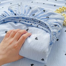 雙層紗牀笠三件套 四季純棉手感床墊保護套 學生宿舍全包床罩單件, 雙層紗-愛心藍,90x200cm單牀笠