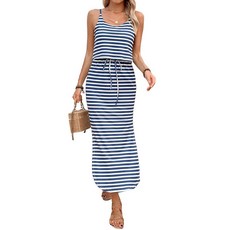 EWFKJ Women's Summer Spaghetti Strap Cami Maxi Dress Striped Side Slit Casual Beach Vacation Sundr