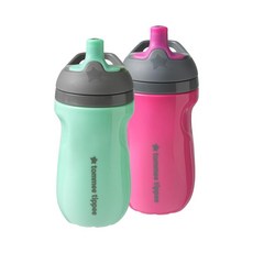 Tommee Tippee 단열 스포티 유아용 물병 손잡이 포함 여아용 - 12개월 이상 2개, Hot Pink & Mint
