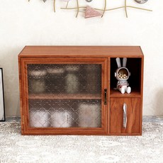 複古收納櫃 實木茶杯櫃 紙巾收納櫃 化妝品收納盒 桌麵收納盒 防塵盒 手辦展示櫃 儲物櫃 紙巾盒, 海棠玻璃款