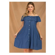 야옹야옹플러스 사이즈 여름 드레스 여성 의류 단색 오프 넥 프릴 슬리브 싱글 브레스트 느슨한 허리 블루 데님 라인 스커트, 사진 색상, XXXL 사이즈