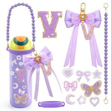 ECLATIS LBU Owala 물병용 레터 액세서리 12개/81.9/1184.9ml24/32/40온스 리본이 있는 귀여운 이니셜 키체인 포함 스티커 참 페랄 핸들 스트랩, 글자 V, 퍼플