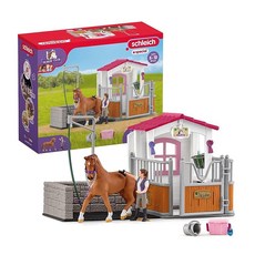 정품++ Schleich 슐라이히 Horse Club - 28피스 말 워시 스톨 놀이 세트 암말 및 라이더 액션 피규어 액세서리 포함 맞춤형 이상 72177 대화형, 1개