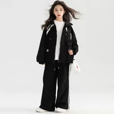 메이징키즈 주니어 여아 와이드 가오리 두줄 후드 집업 와이드 카고 상하복 세트