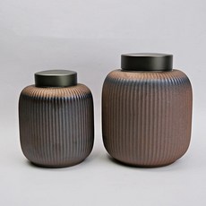 自在坊茶具 古早柴燒粗陶鎏金鐵鏽釉鋁蓋茶葉罐 功夫茶具 復古簡約茶葉儲存罐, 古早燒粗陶鐵鏽釉-鋁蓋直條大款, 1個