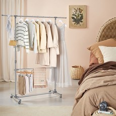 SONGMICS 튼튼한 철제 스탠드 이동식 2단 행거, 그레이+실버