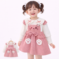 유아 여아 겨울 원피스 고양이 자수 코듀로이 골덴 프릴카라 리본 아동 드레스