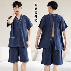 純棉汗蒸服 居家服 按摩服, 藍色條紋-前後開男士,5XL大碼