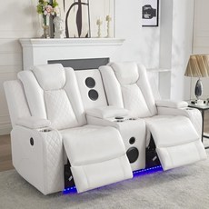 베이스 스피커가 장착된 파워 러브시트 리클라이너 소파 가죽 전기 리클라이닝 러브 시트 LED 조명이 듀얼 거실용 콘솔이 2인승 무비 RV 홈 시어터 흰색, White, Loveseat