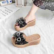 [Myshe]여성 여름 통굽 슬리퍼 나비 리본 웨지힐 슬리퍼 Yu621SG04, 검정색, 250