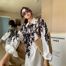 2024秋季復古氣質襯衫女外套印花長袖新款小眾休閒設計感別緻上衣