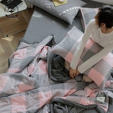 Belle Vie 色織長絨棉純棉雙人四季被薄被 180X200cm 多款可選 可水洗 簡約風, 粉灰格紋