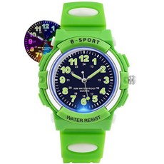 DTKID 7가지 다채로운 조명 아동용 시계 남아 여아 30M 방수 아날로그 부드러운 고무 밴드 읽기 쉬운 다이얼 시간 레슨 손목 만 5-18세 아동용 초록색. 스포츠 1