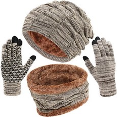 남성용 비니 세트 터치스크린 장갑 넥 워머 겨울 모자 스카프 장갑 세트 슬라우치 비니 니트 플리스 스컬 캡 브라운. 단일 사이즈