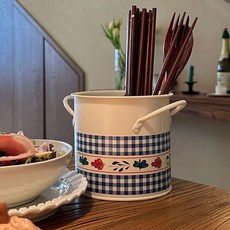 빈티지 체리 수저꽂이 패턴 수저통 수저정리함 체리, A. 파란색 체크무늬 식기 수납함, 1개