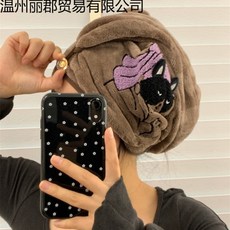 可愛卡通刺繡速乾吸水包頭巾, 貓貓女郎幹髮帽 深棕色,預設, 1個