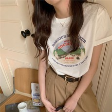 투니스 여성 라운드넥 프린팅 캐주얼 반소매 티셔츠